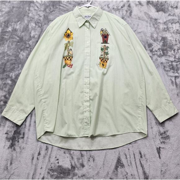 Get Lucky U.S.A. Tops - Vintage Get Lucky USA Top Womens 1X Green Striped Long Sleeve Bird House Flowers